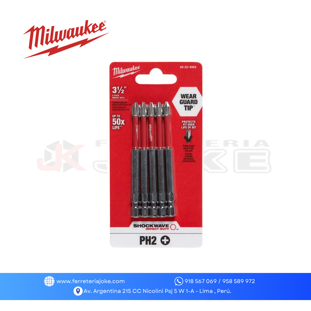 JUEGO PUNTAS PH2 X 3 1/2" 5 PZS 48-32-4564 MILWAUKEE