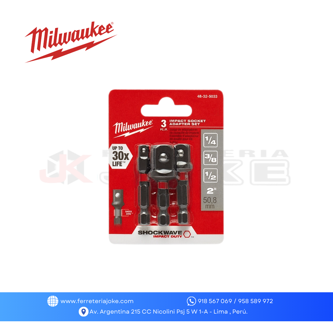 JUEGO DE ADAPTADORES DE DADO DE IMPACTO SHOCKWAE 3 PZS 48-32-5033 MILWAUKEE