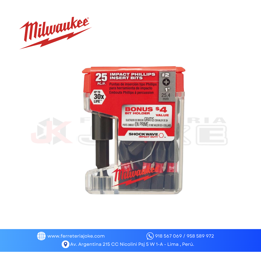 JUEGO DE ADAPTADOR Y PUNTAS DE ISERCIÓN SHOCKWAVE PH2 1" 25 PZS 48-32-5009 MILWAUKEE