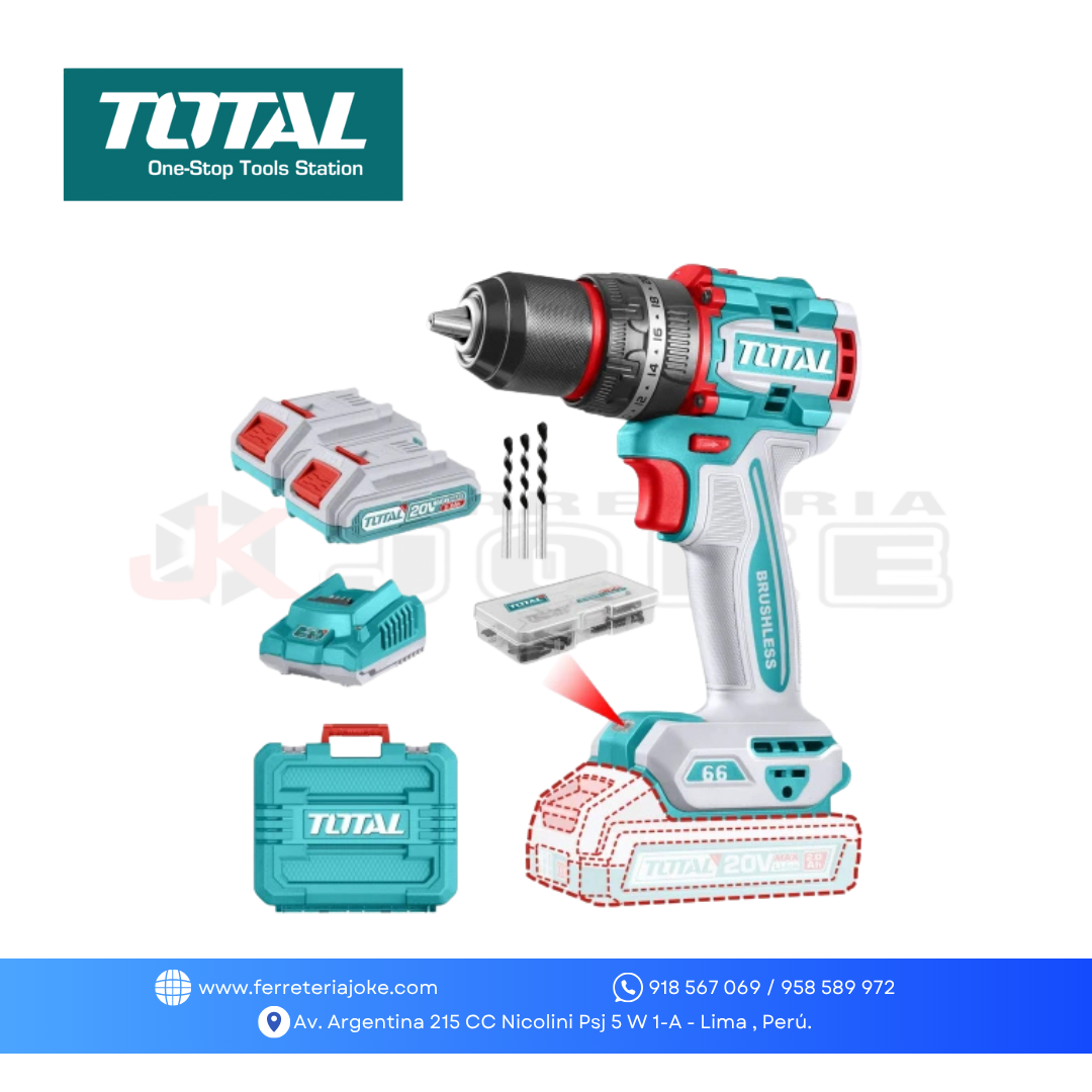 TALADRO PERCUTOR INALAMBRICO 20 V 66 NM 2 BAT / CARG / MALETIN TIDLI20669 TOTAL