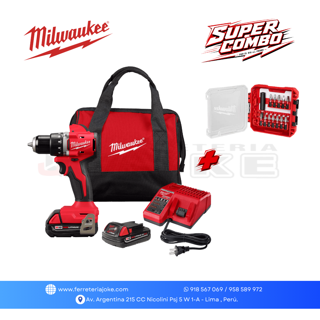 TALADRO PERCUTOR/DESTORNILLADOR M18 DE 1/2" 3602-259CT
+ JUEGO DE PUNTAS DE DESTORNILLADOR 13 PIEZAS MILWAUKEE