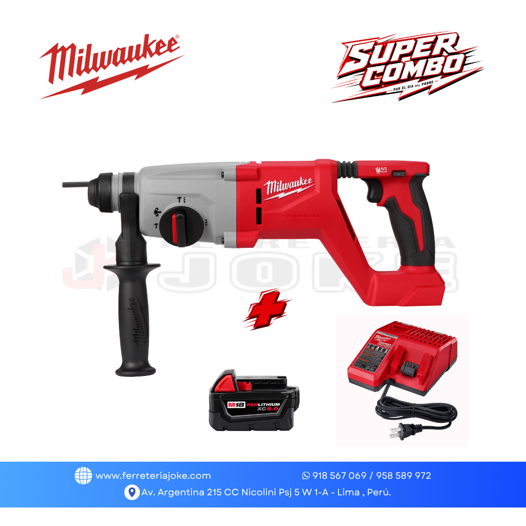 MARTILLO ROTATIVO CON MANGO D M18 ™
SDS PLUS DE 1"™ 2613-20 + BATERÍA M18 REDLITHIUM XC5.0 + CARGADOR MILWAUKEE