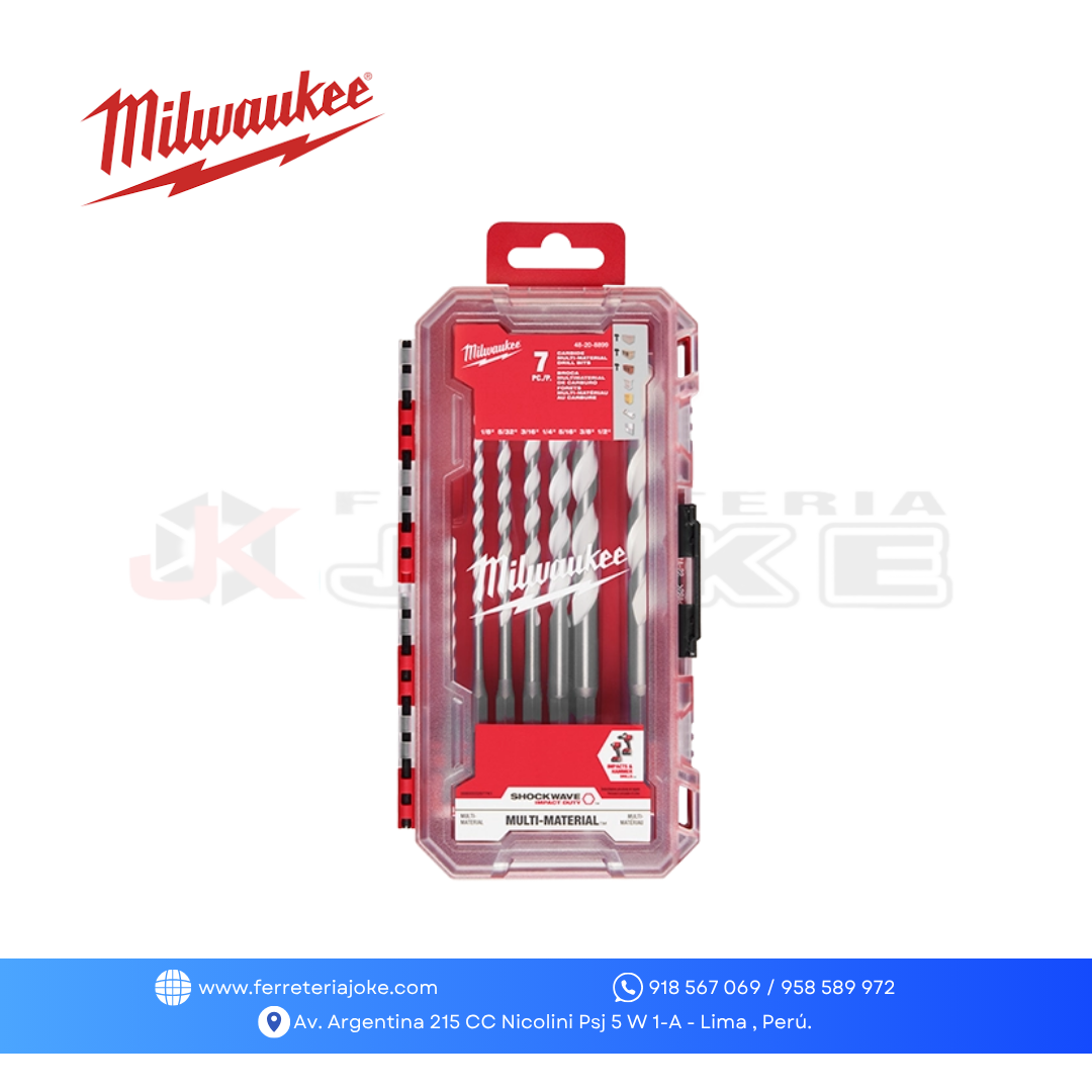 KIT BROCA DE CARBURO MULTIMATERIAL SHOCKWAVE IMPACT DUTY 7 PZS 48-20-8899 MILWAUKEE