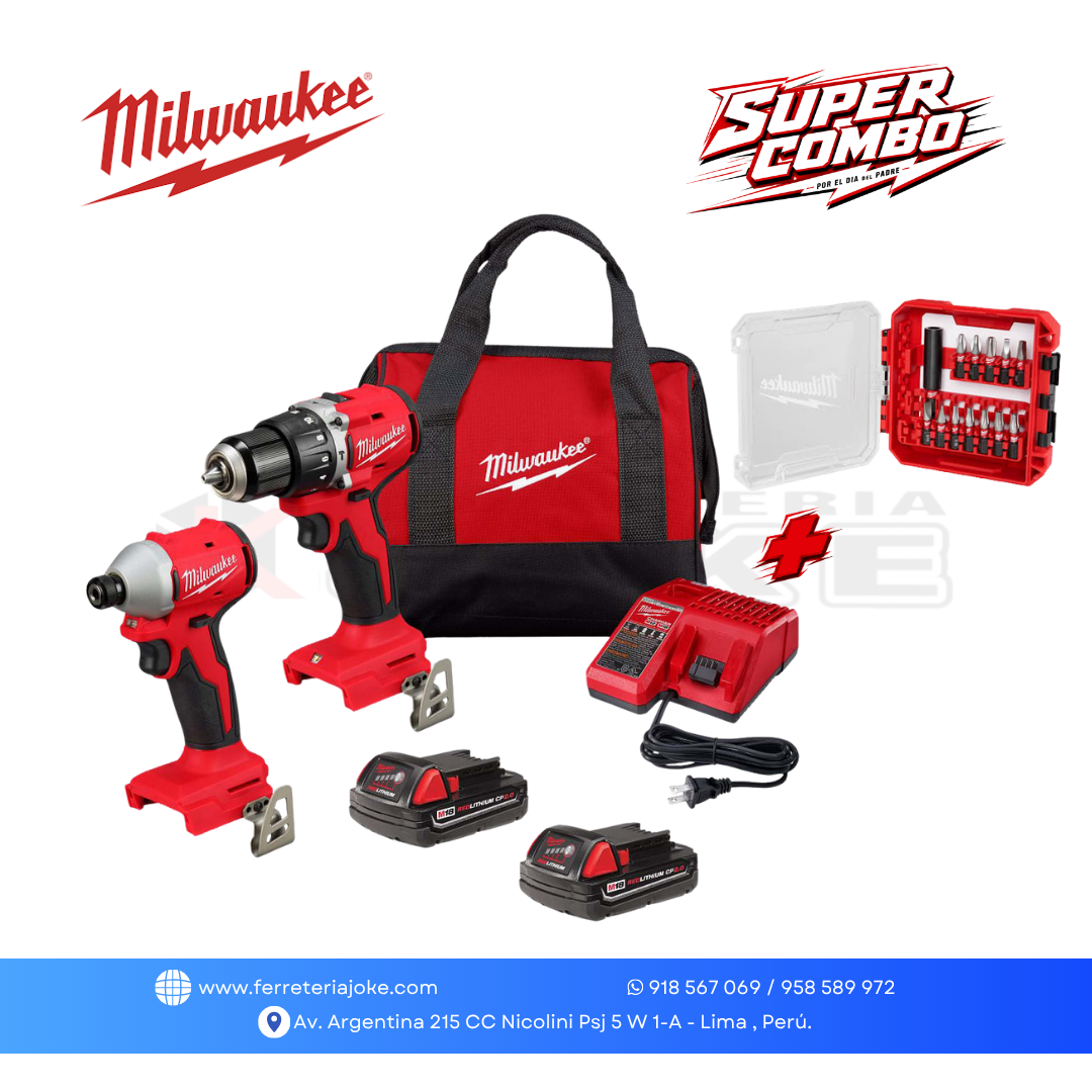 KIT M18 ™
TALADRO + ATORNILLADOR DE IMPACTO 3610-259
+ JUEGO DE PUNTAS DE DESTORNILLADOR 13 PIEZAS MILWAUKEE