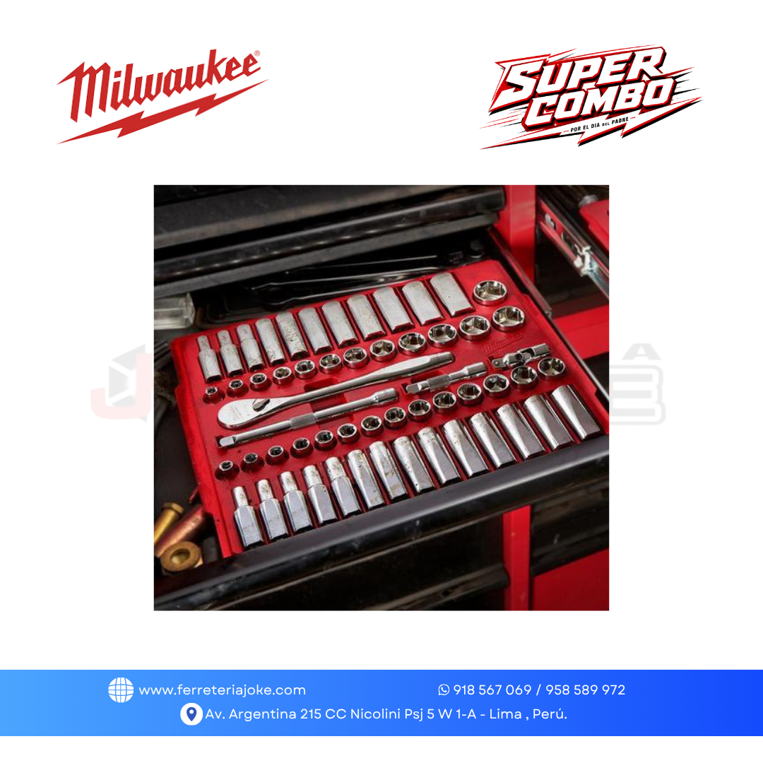 JUEGO DE 56 PIEZAS DADOS DE 3/8" Y
RACHET (SAE Y METRICAS)
48-22-9008 MILWAUKEE