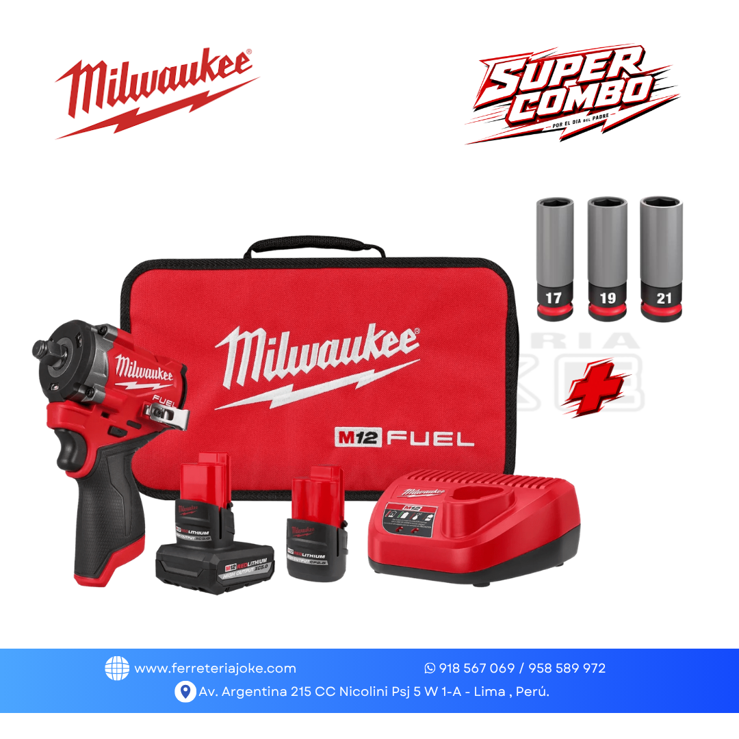 KIT DE LLAVE DE IMPACTO CORTA M12 ™
FUEL ™ DE 1/2" 2563-22 + JUEGO DE DADOS PARA TUERCAS DE RUEDA 3 PIEZAS 49-66-7830 MILWAUKEE