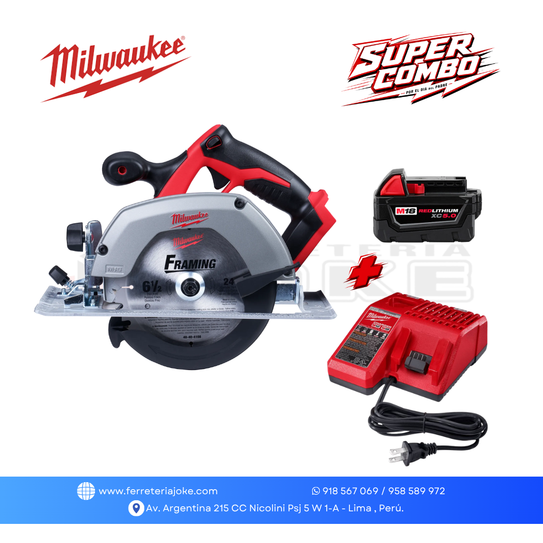 SIERRA CIRCULAR M18 ™ DE 6 ½" 2630-20 
+ BATERÍA M18 REDLITHIUM XC5.0 + CARGADOR™ MILWAUKEE