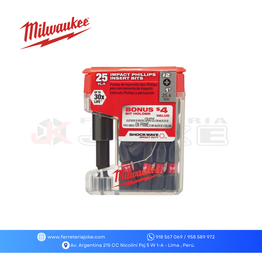 JUEGO DE ADAPTADOR Y PUNTAS DE ISERCIÓN SHOCKWAVE PH2 1" 25 PZS 48-32-5009 MILWAUKEE