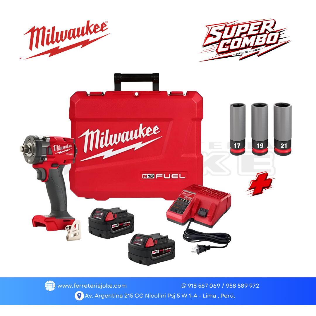 LLAVE DE IMPACTO ½” M18 ™ CON DE ANILLO DE FRICCIÓN 2855-259
+ JUEGO DE DADOS PARA TUERCAS DE RUEDA 3 PIEZAS 49-66-7830 MILWAUKEE