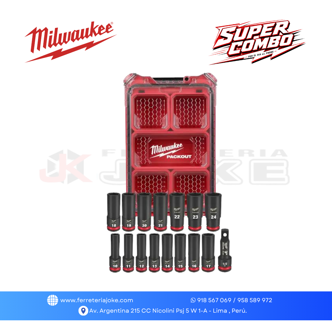 JUEGO DE 16 DADOS DE IMPACTO SHOCKWAVE DE 1/2" PACKOUT 49-66-6803 MILWAUKEE