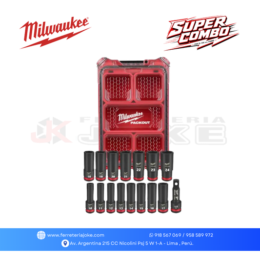 JUEGO DE 16 DADOS DE IMPACTO SHOCKWAVE DE 1/2" PACKOUT 49-66-6803 MILWAUKEE