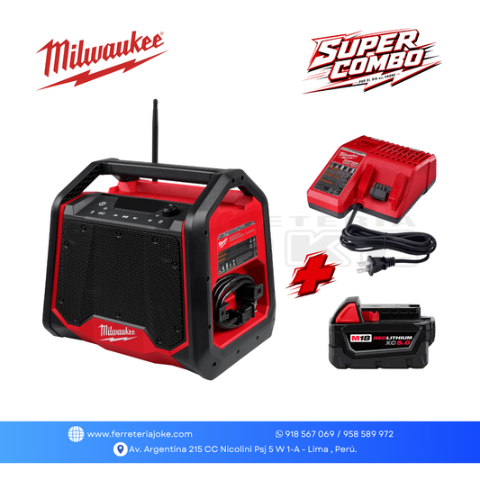RADIO BLUETOOTH M18 ™ PARA LUGARES DE TRABAJO 2956-20 + BATERÍA M18 REDLITHIUM XC5.0 + CARGADOR™ MILWAUKEE