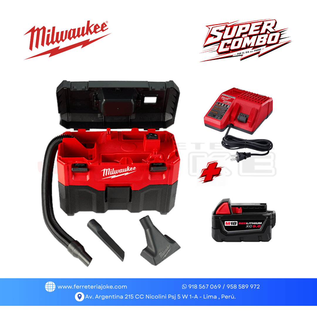 ASPIRADORA EN SECO/HUMEDO M18 0880-20 +  BATERÍA M18 ™ REDLITHIUM XC5.0 + CARGADOR™ MILWAUKEE