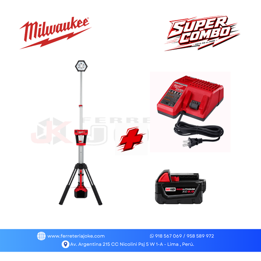 TORRE DE ILUMINACIÓN DE POTENCIA DOBLE M18™ ROCKET™ 2130-059 + BATERÍA M18 REDLITHIUM XC5.0 + CARGADOR MILWAUKEE