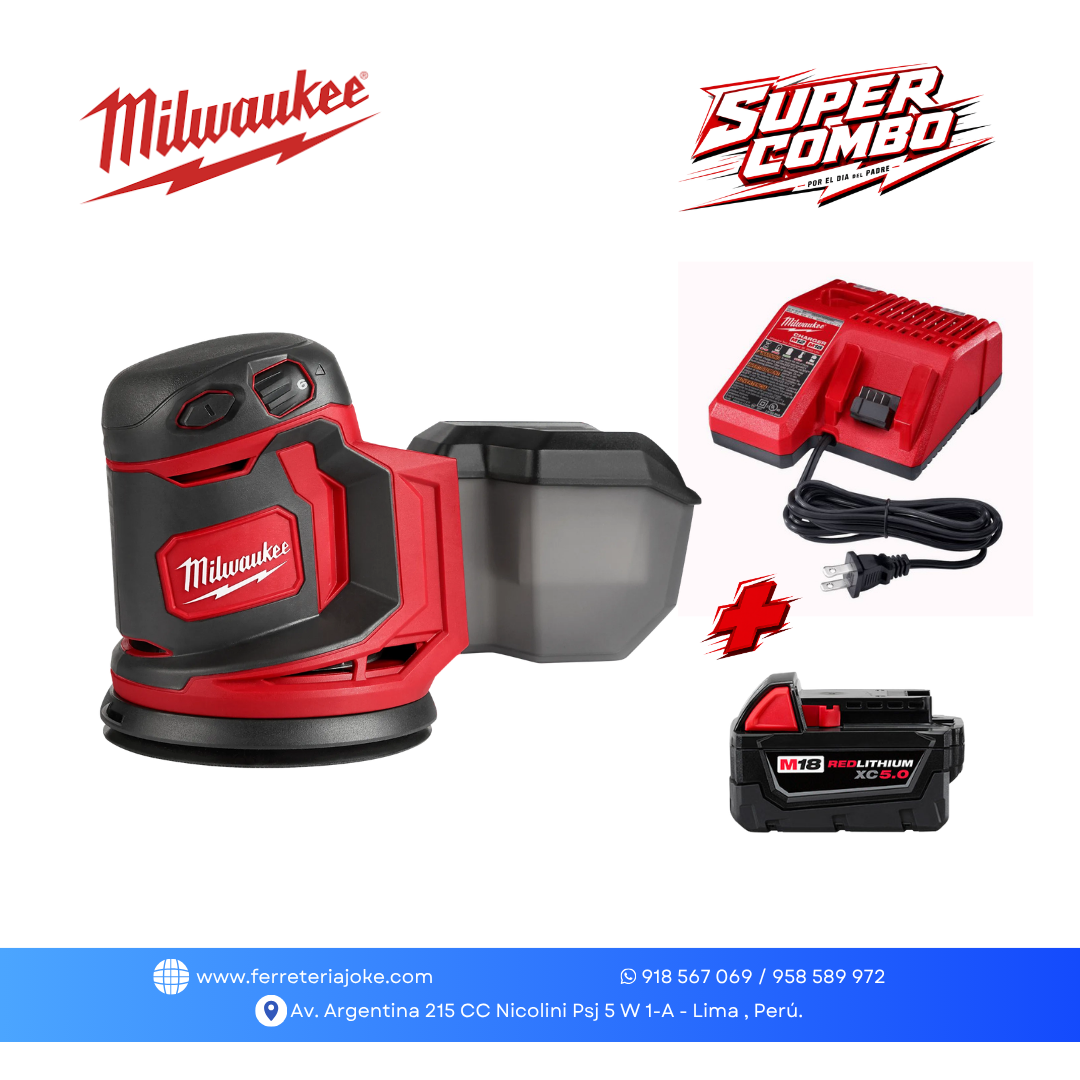 LIJADORA ORBITAL 5” ALEATORIA M18 2648-20 + BATERÍA M18 ™ REDLITHIUM XC5.0 + CARGADOR™ MILWAUKEE