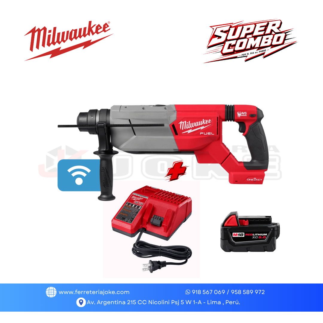 MARTILLO ROTATIVO CON MANGO D M18 ™
SDS PLUS DE 1 ¼"™ 2916-20+ BATERÍA M18 REDLITHIUM XC5.0 + CARGADOR MILWAUKEE