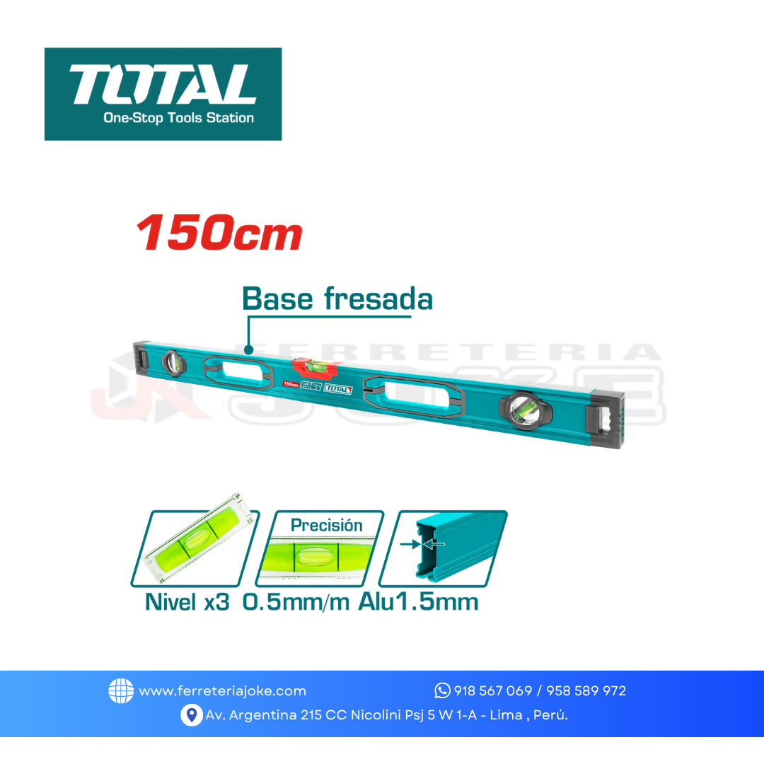 NIVEL BURBUJA 150CM B:3 ALUMINIO 1.5MM PRES:0.5MM SOCKET-V INDUSTRIAL TMT215028 TOTAL