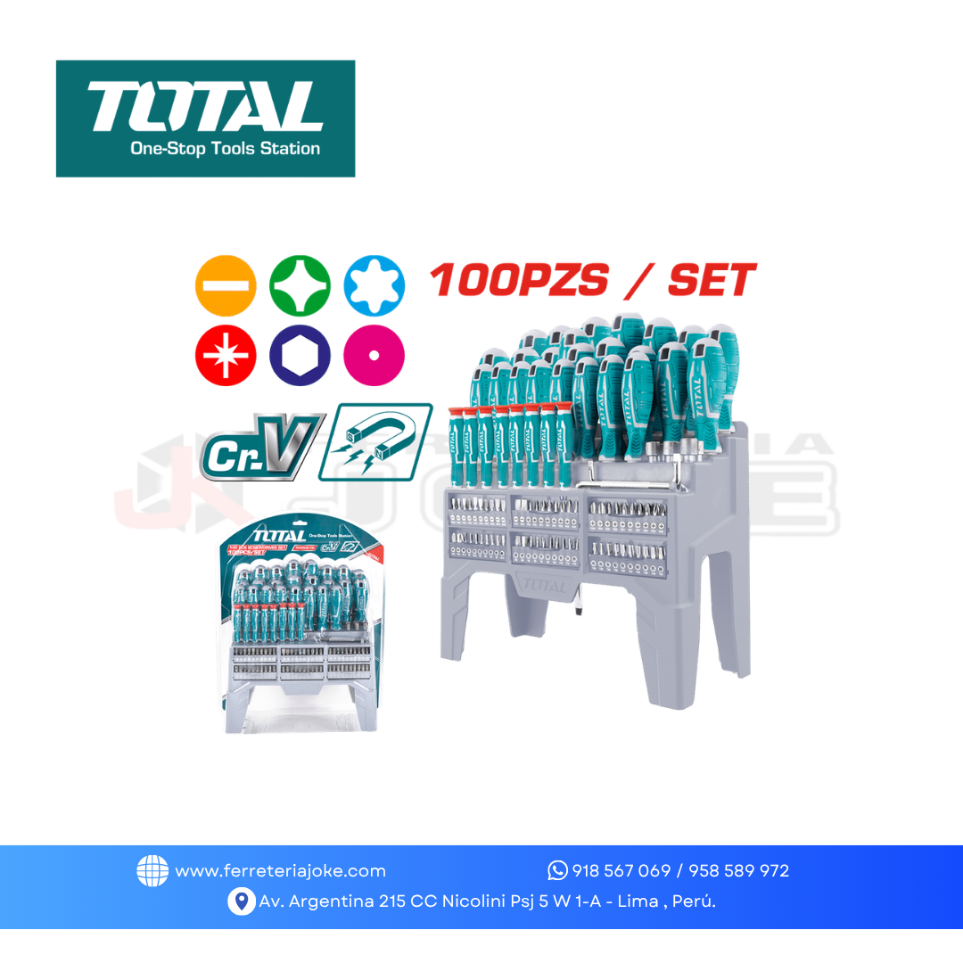 SET DESTORNILLADORES 100PCS CR.V INC 60 PUNTAS MAG.+SOPORTE  THT2506100 TOTAL