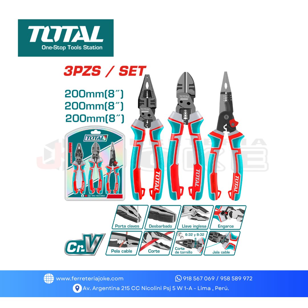 SET DE ALICATES 3PCS CR-V 200MM(8”)  INDUSTRIAL THT2MK231 TOTAL